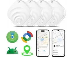 Rayofi Air Tag - Bluetooth-tracker en sleutelzoeker - Compatibel met de "Find My Device"-functie van Apple en Android - Werkt met Apple iPhones en Android-apparaten - Set van 4 stuks - Geschikt voor koffers, fietsen, fatbikes, scooters- Wit
