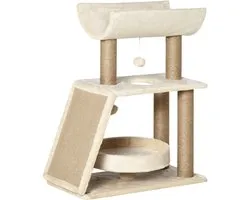 Kattenboom Design Cosy Chic Multi-Uitrusting Activiteitencentrum Krabpaal Platforms Bed Game Hangbal van Hout en Pluche Korte Sisal 60 x 30 x 76 cm Lichtbruin | Multi-apparatuur, activiteitencentrum, krabber, platforms, bed, spe