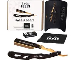 BARBER TOOLS Baardscheermes met verwisselbaar mes + 5 dubbele messen + aluin-pen + polijstdoek + etui - ShopVlot