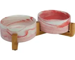 Dubbele Keramische Voerbak Bamboe Stand Gem Roze-2x850ml - Hond - Animal Boulevard - Ab65037 - Gemarmerd Roze À20x8cm - 233272
