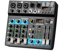 Table de mixage professionnelle 6 canaux – Mixeur audio avec USB, Bluetooth, entrée MP3 ordinateur et alimentation fantôme 48V – 256 effets de réverbération intégrés