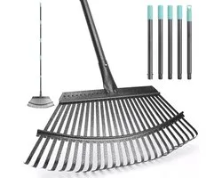 48cm Wide Heavy Duty Leaf Rake with 25 Metal Teeth and 6FT Adjustable Handle for Garden Lawn Shrub Leaves