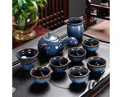 Chinese Ceramic Kung Fu Tea Set, Adult Tea Set Afternoon Tea Teapot Set, Tea Lovers 9 Pieces Gift Wrapped (Side Handle)
