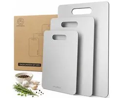 Organess Set de 3 planches à découper en acier inoxydable (34x23 / 29x20 / 15x15cm) - Pour la cuisine, planches à découper, planche à fromage, planche apéritive et planche à tapas - Planches à découper en acier inoxydable