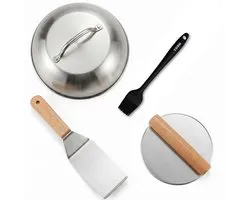 YUGN Hamburgerpers Set - Smash Burger Pers 4-Delige Complete Kit - Inclusief Spatel, Smeltkoepel en Siliconen Bakkwast - RVS