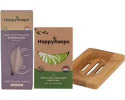 HappySoaps - Premium Happiness Starterspakket - Professional Shampoo Bar, Body Oil Bar & Zeephouder van Bamboe - Plasticvrij & vegan