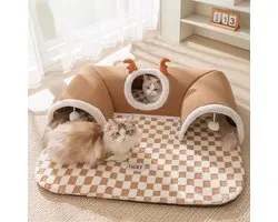 Sir.Pawsalot Tunnel de Luxe 2-en-1 pour Chat avec Tapis de Couchage - Tunnel de Jeu et Panier pour Chat en un - Jouet Interactif pour Chat - Motif Damier - 75x55 cm - Marron/Beige