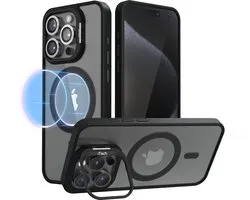 Coque de téléphone adaptée à iPhone 15 Pro Max - Ensemble 2 en 1 - Coque + 3 Protecteurs d'appareil photo - Étui MagSafe - Avec Support de Téléphone - Zwart - Transparent