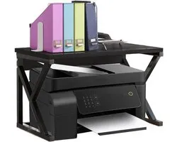 BAKAJI Printerrek, ruimtebesparend, van staal en hout, 1 plank met antislip voetjes voor printers, rekeenheden voor kantoor, industrieel design (zwart + zwart)