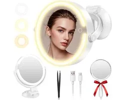 Magnifying Mirror with Light - Rechargeable Makeup Mirror - 10X/1x Double-Sided - 360° Flip - 3 Color Modes & Touch Dimming - Wall Mounted Suction Cup - Makeup Mirror for Bathroom & Travel