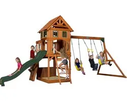 Backyard Discovery Atlantic aire de jeux en bois - Avec balançoire / toboggan / bac de sable / mur d’escalade - Maison enfant exterieur