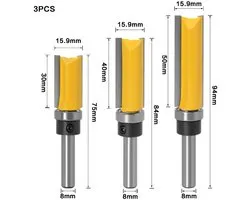 3pcs 8mm Shank Flush Trim Pattern Template Router Bit Set, Wood Top Bearing Free Tools Flush Trim Bit Woodworking Free - ShopVlot