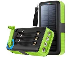 Compacte, op zonne-energie werkende, draagbare powerbank met geïntegreerde handslinger, waterdichte noodstroomvoorziening, LED-zaklamp, multifunctionele externe batterij, 1 stuk, groen, 10000 mA