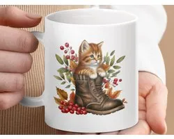 Mok, Kitten in Boot Mug, Fall Decor, Autumn Cat Lover Gift, Cute Animal Art, Ginger Tabby, Cozy Season Coffee Mug, Pet Mug, Warm Drink Cup