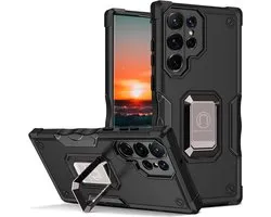 Smartphonica Rugged Armour case voor Samsung Galaxy S23 Ultra met verstelbare ringhouder - Zwart geschikt voor Samsung Galaxy S23 Ultra