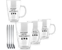 Services de table Latte Macchiato 8 Set - Glas transparent | 4x Verres à café de 300 ml | Y compris 4x Cuillères long drink | Passe au micro-ondes