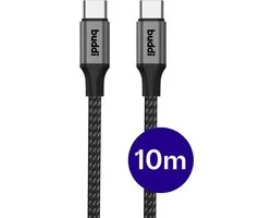 Buddi Flex - USB-C naar USB-C Kabel 60W Fast Charge 20V/3A - Power Delivery - 480Mbps Dataoverdracht - Gevlochten Nylon - 10M - 10 Meter - Zwart