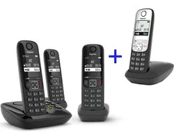 Gigaset AS690A Trio Promo pack incl. gratis handset A690HX - Black&Silver quattro aktieverpakking, verlichte toetsen, groot display, handsfree bellen, 3 zwarte handsets + 1 zwart/zilver