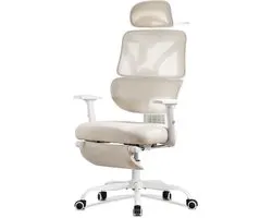 UEV 90°-135° Reclining Mesh Chair with Lumbar Support and Backrest, Ergonomic Office Chair with Headrest and Footrest, Desk Chairs with Comfort and Function, 63.5 x 70 x 118-128 cm, Beige