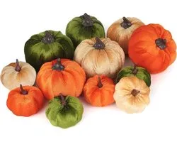 Ensemble de citrouilles artificielles - Fausses citrouilles de décoration - Décoration d'automne - Différentes tailles - 12 pièces - Rouge Vert Kaki