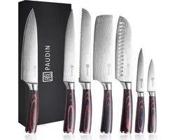 PAUDIN NS7 Messenset Professioneel - 7-Delig - Japanse Messen - Koksmes - Broodmes - Vleesmes - Santokumes - Nakiri mes - Officemes - Schilmes - Damascus Patroon