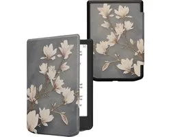 Étui pour liseuse kwmobile adapté pour Pocketbook Verse / Verse Pro / Verse Color / Vivlio Light / Light HD cover - Étui à rabat pour liseuse avec fermeture magnétique - Étui pour liseuse - Design Magnolia en taupe / blanc / bleu gris