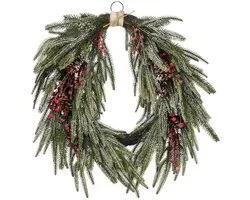 Mica Decorations Krans Dennenappel Groen - Kerstkrans met Rode Bessen en Dennenappels - Decoratieve Deurkrans voor Kerst - Gemaakt van Stevig Polyethyleen - 61 x 50 x 13 cm