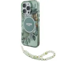 Guess geschikt voor MagSafe IML Flowers Case met beads strap geschikt voor iPhone 16 Pro Max - Green