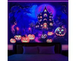OSVINO Blacklight Castle Tapestry 150x200cm Pumpkins Castle Moon Psychedelic Tapestry Halloween Easter Neon Tapestry - ShopVlot