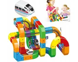 3D Cube Tracks - Circuit de Train Électrique - 123 Pièces - Construction DIY - STEM - Jouet Éducatif/Montessori - Pentes, Virages & Viaducs - Stimule la Motricité Fine - Rechargeable par USB - Pour Enfants & Jeu Parent-Enfant - Interactif