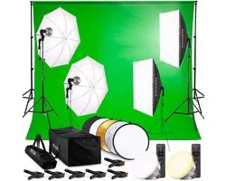 Pixetool Écran vert 3 x 3M avec système d'arrière-plan 2,6 x 3M - Set studio photo - Set écran vert - Comprenant une softbox, des Parapluies, des supports de lampe, des lampes LED , un écran réfléchissant et un sac de transport