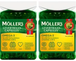 Möller’s Omega-3 Levertraan - 2 x 160 capsules - Omega-3 capsules met vitamine D – Levertraancapsules – Levertraan met vanillesmaak