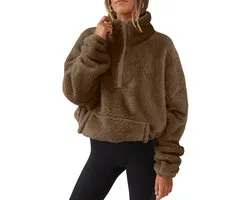 Yutdeng Dames sweatshirt zonder capuchon, fleece, oversize, met halve ritssluiting, opstaande kraag, met zakken, Csausl, sport, winter, herfst, warm fleecejack