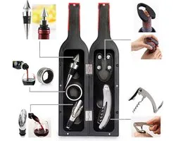 6-Delige Luxe Wijnset in Wijnfles vorm - Wijn fles accessoires Set - Wine tools - Wijn Kurken trekker - In Luxe Fles opbergbox - Cadeau set