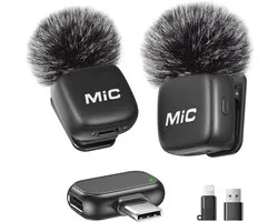 Draadloze dasspeldmicrofoon geschikt voor iPhone, iPad en Android-telefoons. Set van 2 mini-microfoons met ruisonderdrukking, automatische koppeling, mute-functie en reverb, geschikt voor vloggen, video-opnames, TikTok en YouTube