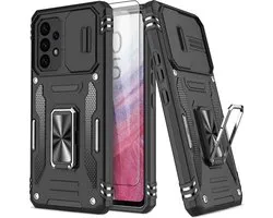 Podec Coque pour Samsung Galaxy A53 Zwart - Coque Anti-Choc Hybride Armure avec Ring de Béquille et Protecteur d'écran