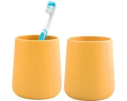 Bathroom Solutions Badkamer beker / tandenborstelhouder Earth Serie - 2x - Keramiek - geel - 8 x 10 cm
