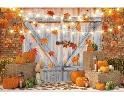 2.7x1.8m Autumn Thanksgiving Background Autumn Harvest Old Fashioned Brown Barn Door Pumpkin Photography Background - ShopVlot
