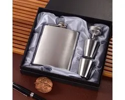 EDMONDO RVS Heupfles Gift Set 210 ML - Platvink - Zakflacon - Zakfles - Drankfles - Drankflacon - Heupflesje -Heupflacon - Zakflacon - Heupflesje - Whiskey - Shotglaasjes - Incl. Trechter en Bekertjes