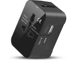 Universele wereldstekker - Reisstekker - Internationale Reisadapter - USB-C en USB-A - 150+ Landen - Amerika (USA) - Zuid Amerika - Engeland (UK) - Azië - Europa - Afrika - Wereldstekker lichtgewicht - Zwart