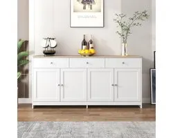 BursDany Buffetkasten, Keukenkast met 3 lades en 4 deuren, Keukendressoir met verstelbare plank, voor Keuken, Eetkamer, Woonkamer, Naturel en Wit, 160x37x75 cm