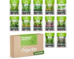 Paquet de micropousses (Babyleaf et Microleaf) – 12 variétés – Organifer – Facile à cultiver à la maison, riche en saveur et en nutriments, sans OGM, durable – Idéal pour les salades, smoothies et plats sains, légumes et herbes riches en nutriments.