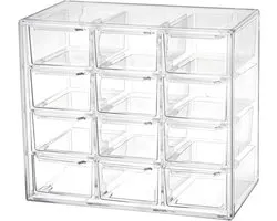 Stackable Desk Organiser with 12 Drawers, Transparent Plastic Storage Box for Crafts, Office, Sewing, Cosmetics and Jewellery