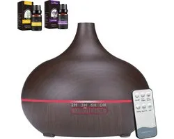 Aroma Diffuser Luchtbevochtiger Humidifier 550ml met Afstandsbediening - Geurverspreider met 2x 100% puur Etherische Lemon Grass en Lavendel Olie Gratis - Donkerbruin - Tensfact®