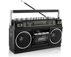 Retro Boombox met Cassette en Radio – Bluetooth Streaming – 24W Dual Fullrange Speaker