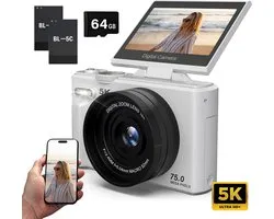 Nexino® Digitale Camera 5K - 75MP - Fototoestel - Compact Camera - Vlog Camera - Voor Kinderen - Wifi & App - Klapscherm - Incl. 64GB