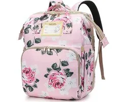 Baby Changing Backpack with Changing Mat, Changing Bag with Bed Function, Multifunctional Waterproof Changing Backpack with Floral Print, Changing Backpack with USB Charging Port