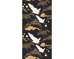 Bimago Zelfklevend Behang – Oriental impressions - decorative pattern with a motif of flying cranes on a dark background – 49 x 1000 cm – 4,9 m² – Meerkleurig – Modern Wandbehang voor Woonkamer, Slaapkamer, Kinderkamer en Kantoor