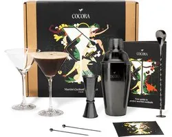 Cocora Martini Geschenkset - 8-delige RVS Cocktail Set - Cocktail Shaker - Cocktail Maatbeker - Martini Glazen - Cocktail Boek met o.a. Pornstar, Espresso Martini recept - Zwart