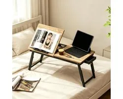 DESMIU Notebooktafel – Verstelbaar En Inklapbaar – 83,5 X 33 X 23,5–34 Cm – Bamboe En MDF – Zwart En Eiken – Werken Op Bed Of Bank – Met Lade
